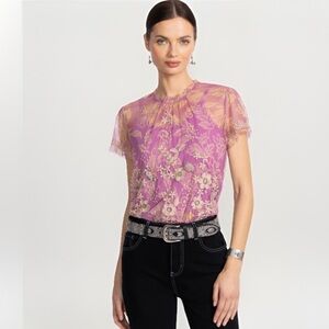 Johnny Was Mazzy Embroidered Mesh Floral Blouse NWT Sheer Lavender Size Large